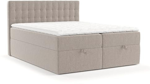 maison de reve - Boxspringbett Ampio 140 x 200 cm, mit Bettkasten, H3 Bonellmatratze (20 cm hoch), PU-Topper mit Algae Bezug und Kopfteil, Webstoff, Hellbraun Farbe
