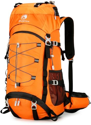 Outplea Mochila de Senderismo 60L Ligera Impermeable, Mochila de Montaña y Trekking Hombre Mujer con cubierta de lluvia, Mochilas de Viaje Grandes Hombre Mujer para Escalada Acampar Turismo, Naranja