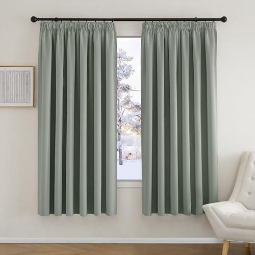 PONY DANCE Blackout Pencil Pleat Curtains, Sage Green, W90 x L72, 2 Panels | Thermal Insulated Curtains with Noise Reducing & Privacy, Luxury Soft Window Treatment for Bedroom & Living Room