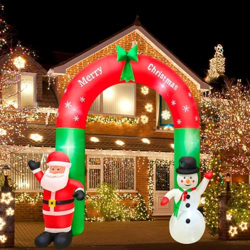 HUOLE Arco Gonfiabile Gigante Natalizio Altezza 240 cm con Babbo Natale e Pupazzo di Neve con Kit Fissaggio per Esterno Illuminazione LED Protezione IP44 Decorazione Natalizia