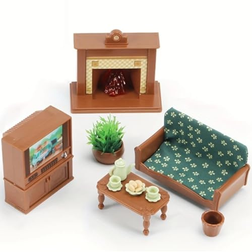 KARLOR Ensemble de meubles miniatures pour salon, 16 pièces miniatures pour canapé, table, télévision, cheminée, pot de fleurs, café, desserts, mini service à thé, accessoires 1:12, décoration de