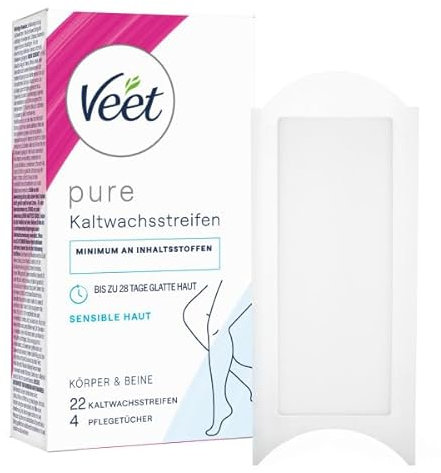 Veet Strisce di cera fredda pura per corpo, braccia e gambe – depilazione per pelli sensibili – Pelle liscia fino a 28 giorni – 11 strisce doppie = 22 strisce di cera fredda