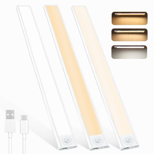 Under Cabinet Kitchen Lights (20cm), 36 LED Wireless Motion Sensor Cupboard Lights Indoor USB Rechargeable, 3 Color Temperature Dimmable Wardrobe Lighting for Stairs, Closet, Hallway, 3 Pack