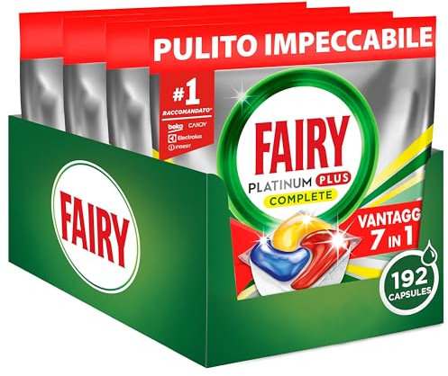 Fairy Platinum Detersivo Pastiglie Lavastoviglie Plus Complete, Brillantante, 192 Capsule, Limone, Tecnologia Anti-Opaco, Contro Il Grasso e le Incrostazioni Ostinate Anche Nei Cicli Brevi
