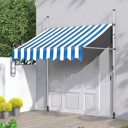 Toldo retráctil ajustable de 4 x 1,2 m para balcón, parasol manual con manivela para patio, jardín, cafetería y restaurante, sin taladrar, elegantes rayas azules