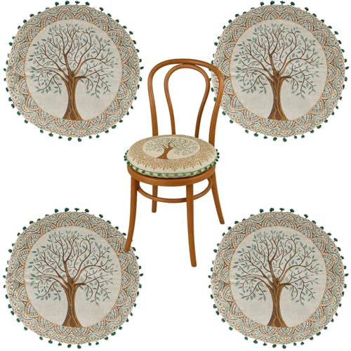 Marrakesch 4er Set Stuhlkissen Sitzkissen Braun Rund 40 cm | Bodenkissen Aus Baumwolle bestickt mit Baum des Lebens Motiv | Boho Kissen Guansha für Esszimmerstuhl Gartenstuhl als Esszimmer Balkon Deko
