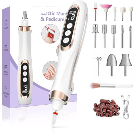 XunmotorYao Fresa per Unghie Professionale 20000 RPM 9 Velocità Elettrica Lima Unghie Display LCD Kit Manicure e Pedicure 15 in 1 Portatile Ricaricabile Bianco