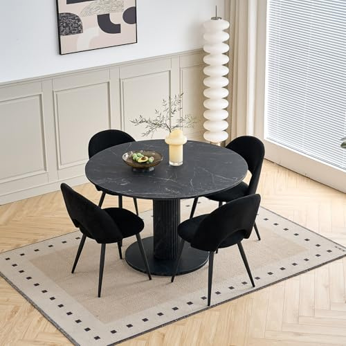 DEYARNA HOME 115 cm rund matbord med 4 matsalsstolar, köksbord av MDF (marmorliknande utseende) och 4 stoppade stolar för kök, matsal, vardagsrum (Svart bord + Svarta stolar)