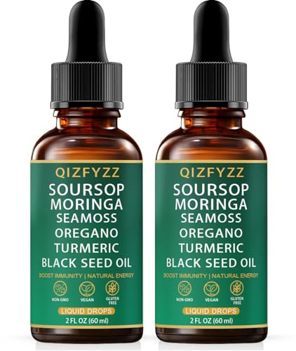 QIZFYZZ Liquid Drops - Soursop Bitters Liquid with Sea Moss, Moringa & Turmeric Extract, Immune Support and Overall Health, Vegan, Non-GMO | 2 Fl Oz