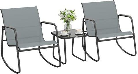 Outsunny Set da Bistrò da 3 Pezzi, Set Tavolo e Sedie da Giardino in Acciaio con 2 Sedie a Dondolo Traspiranti in Texteline e Tavolino in Vetro, per Patio Balcone, Grigio