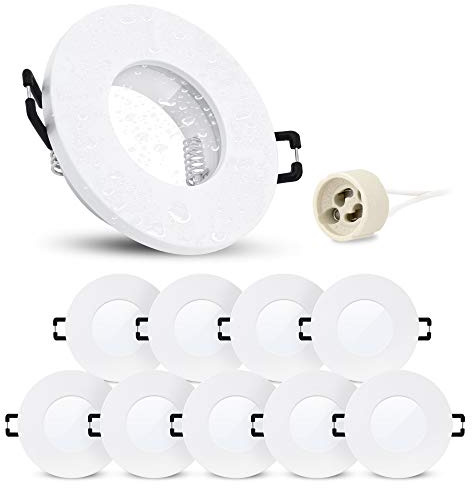 linovum 10 Stück Deckeneinbaustrahler Rahmen ISAWO inkl. GU10 Fassung - Einbaurahmen IP65 weiß rund für Bad & Außen