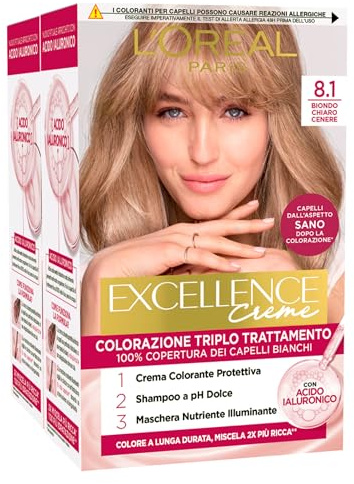 L'Oréal Paris - Tinte permanente Excellence Creme 8.1 Rubio Claro Ceniza Coloración Triple Tratamiento Cubre el 100% de los cabellos blancos de larga duración con ácido hialurónico – 2 tintes
