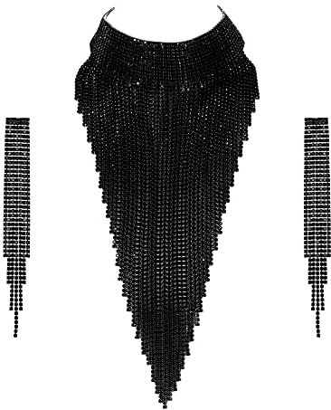 EVER FAITH Quaste Schmuckset Funkelnder Strass Kostüm Statement Schmuck klobiger Kragen Halskette, langes Kronleuchter Ohrring Set Schwarz