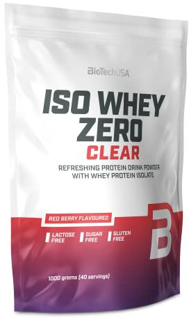 BioTechUSA Iso Whey Zero Clear bebida en polvo, Refrescante, Sin Azúcar, Sin Lactosa, Sin Gluten, 5 Sabores Frutales, 88 kcal, 21g Proteína, BCAAs, 1000 g, Red Berry