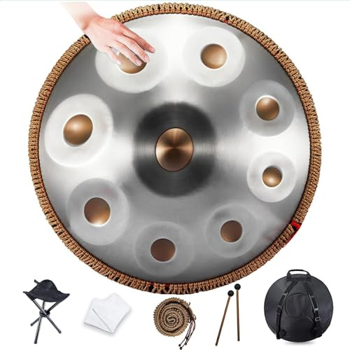 LXXBDDM Handpan 22 pouces Ré mineur, 9/10/12 notes, Tambour à main en acier inoxydable, Sac de transport inclus, 2 Maillets, Stand, Pour la guérison sonore, Méditation