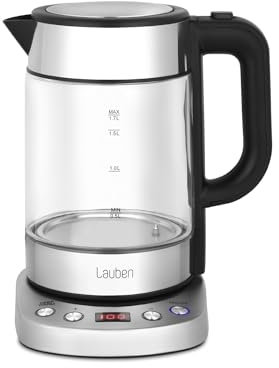 Lauben Electric Kettle EK17GS Glaskocher, 1,7 l, 2200 W, einstellbare Temperatur 60-100°C in 10 Stufen, Warmhaltefunktion, LED-Display, beleuchtete Tasten, Überhitzungs- und Trockengehschutz