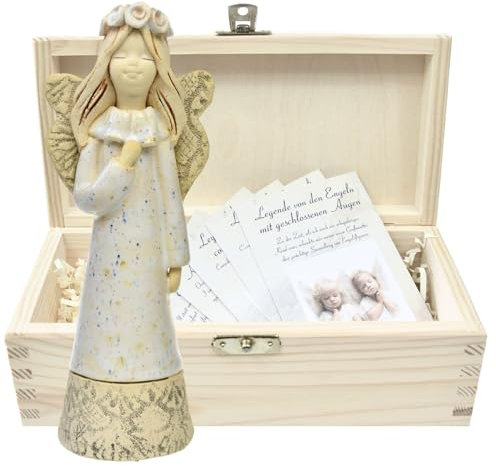 butterfly Figura De Ángel Guardián De Cerámica Con Caja De Regalo De Madera Natural