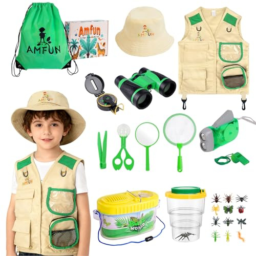 AMFUN Kit Exploration Enfant, 25PCS Ensemble Explorateur Extérieur Jouets avec Gilet de Safari, Chapeau de Safari et Jumelles pour Enfants, Boussole, Loupe, Boite Loupe Insecte