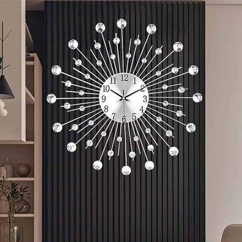 SIN&MI Large Wall Clock for Living Room Modern Silent Wall Clocks Battery Operated Decorative Non-Ticking Clocks for Bedroom Kitchen Dining Room Office Silver Crystal Metal Wall Decor for House