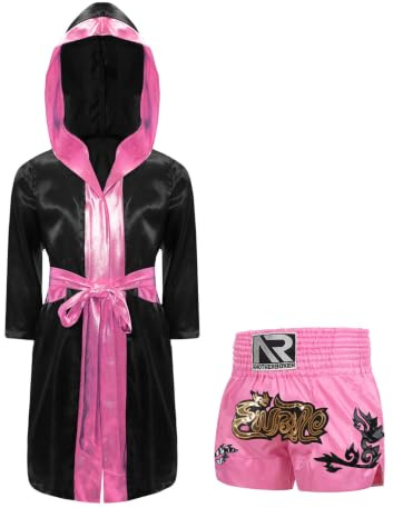 ranrann Barn pojke outfit boxning kamprock boxning huvtröja och shorts boxning Muay Thai kickboxning MMA, Svart och rosa, 9-10 �r