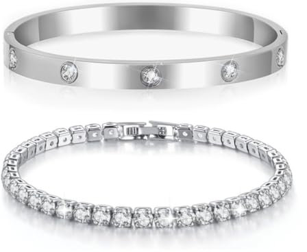 Tennisarmband Damen Zirkonia Armreif : 2Pcs Armband für Frauen Edelstal 2.5mm Breit 17cm Armbänder Schmuck Geschenk Silber Gold für Mama Freund Tochter,armband frauen,frauen armband