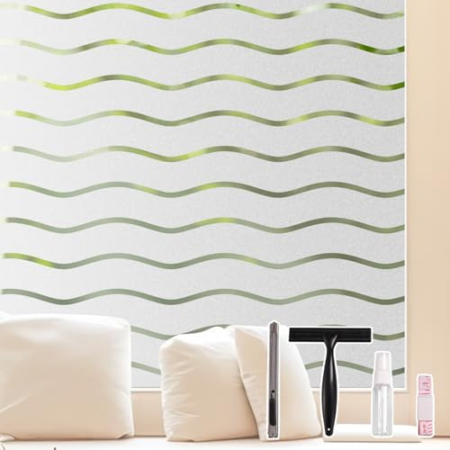 Fensterfolie Blickdicht Wellen Streifen Sichtschutzfolie Selbsthaftend mit Rakel Werkzeug, Statisch Haftend Ohne Klebstoff Milchglasfolie Anti UV Folie für Küche, Bad und Büro 30 x 200 cm