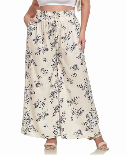 Moon Wood Pantalon Femme Grande Taille Haute Été Long Léger Fluide Elastique avec Poches Imprimé 02 4XL