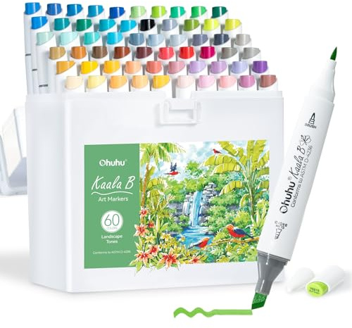 Ohuhu Marqueurs à l'alcool : Mini pinceau & fin large 60 couleurs paysage pointe double pinceau à base d'alcool marqueur d'art pour artistes adultes coloriage illustration - Réutilisable - Série Kaala