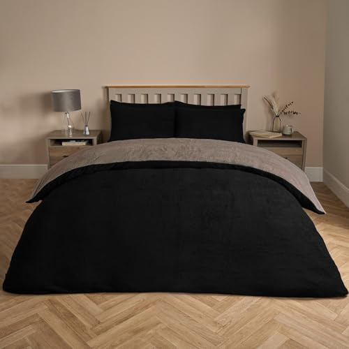 Brentfords Reversible Teddy Fleece Duvet Set, Super Soft Warm Thermal King Size Duvet Cover Set Plain Dye Fluffy Fleece King Size Teddy Bear Bedding with Pillowcases, Black/Natural