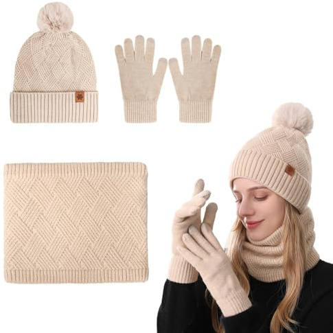 CutitiUU Hat Scarf Gloves Set for Women,Winter Beanie Hat,Warm Scarf Beanie Hat Touch Screen Gloves,Warm Lingerie Knit Hat,Glove and Muffler,3 in 1 Cold Weather Sets for Skiing Outdoor Sports