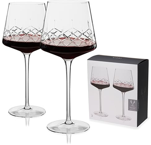 Viski Admiral Crystal Burgundy Wine Glasses, Set of 2 - Premium Lead-Free Crystal Wine Glasses - Timeless Hand-Etched Linework Pattern - 18 oz, Set of 2