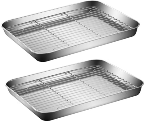 TOYZFRIENDY 2 juegos Bandejas de Acero Inoxidable con Rejilla para Hornear y Enfriar Multifuncionales para Asar Escurrir y Cocinar Resistentes y para Uso Doméstico