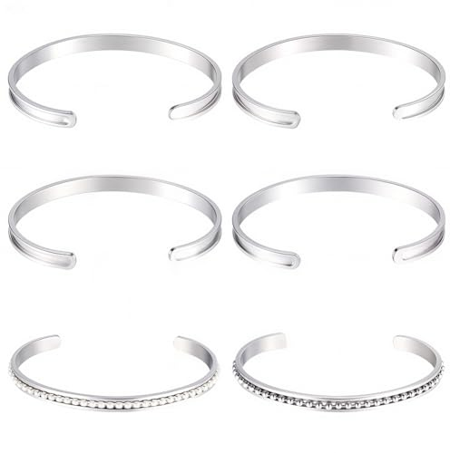 Beebeecraft 6 st tomma manschetter armringar rostfritt stål silver C-formad öppen manschett armband tomma fynd räfflade hår slips armband för smyckestillverkning inlägg lera strass pavé