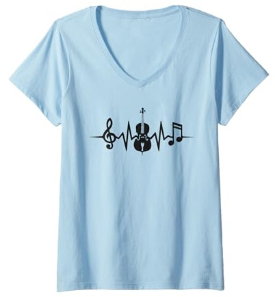 Femme Violoncelliste Battement De Cœur Violoncelle T-Shirt avec Col en V