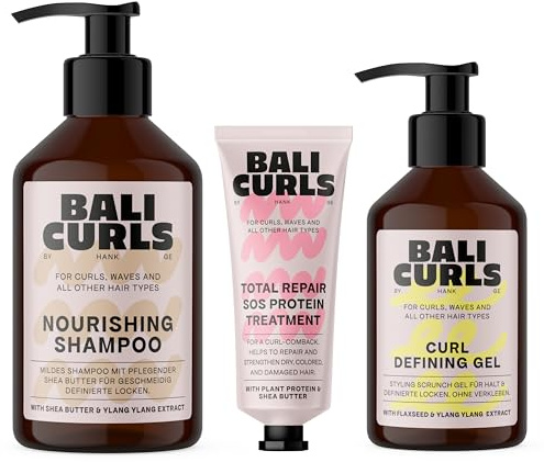 Bali Curls Kit – Shampooing nourrissant (250 ml), gel de finition Curl Defining (150 ml) et traitement protéiné SOS (20 ml) – Kit de soin pour boucles soignées, fortes et définies