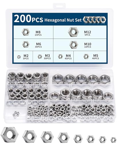 200 Pcs Écrous Hexagonaux: Écrous Autobloquants de Serrage en Acier Inoxydable, Ecrou pour Boulon, Écrou pour Vis et Boulons, M2 M3 M4 M5 M6 M8 M10 M12