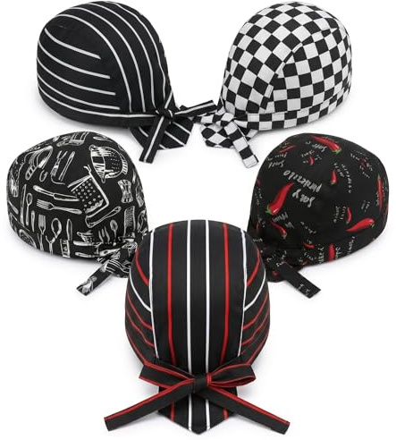 5 Piezas Gorros de Cocina Ajustables, Bandana Hombre y Mujer, Gorro Cocinero Profesional Estilo Japonés (Rayas Negras y Rojas, Rayas B/N, Chile, Cubiertos, Cuadros) para Restaurante y Hostelería