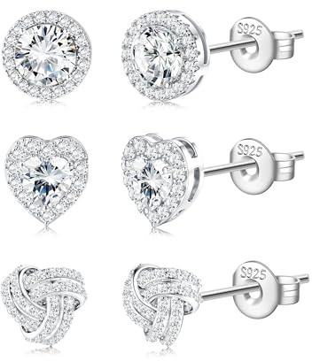 Geveay 3 Pairs 925 Sterling Silver Earrings for Women Hypoallergenic Dainty Heart Knot Diamond Cubic Zirconia Stud Earrings Cute Small Sleeper Earrings Set for Multiple Piercings