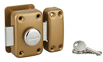 THIRARD - Verrou à Bouton Apache avec Plaque de Renfort - Cylindre Laiton 45 mm - Ø 23 mm - Acier Époxy Or - Sécurité Porte d'Entrée - 3 Clés Crantées - Coffre 90 x 60 mm