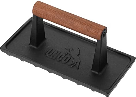 UNCO- Cast Iron Grill Press, 8.5 x 4.1 Inch, 2.6 lbs, Burger Press for Griddle, Sandwich Press, Bacon Press for Griddle, Griddle Press, Meat Press Cast Iron, Hamburger Press for Griddle