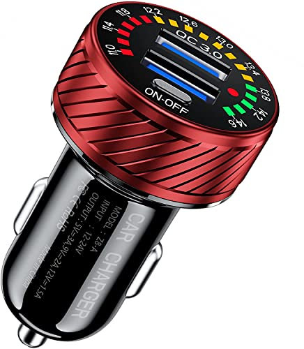 Kewig Zigarettenanzünder USB Ladegerät, Dual QC3.0 Port Schneller USB Adapter Auto, 36W/3A Auto Ladegerät Kompatibel mit Buntem Voltmeter & EIN/Aus-Schalter