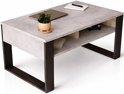 Meble Pitus Couchtisch Betonoptik ST7 – Moderner Wohnzimmertisch mit Stauraum – Beistelltisch Couch Grau mit Schwarzen Beinen für Sofa und Wohnzimmer – Couchtisch Beton Modern, Sofatisch