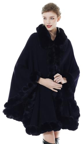 BEAUTELICATE Fine Knit Cape Coat Women’S Cardigan Poncho Knitted Cloak Oversize Faux Fur Shawl Wrap Stole for Autumn Winter Wedding Bride Bridesmaids Causal Manteau(One Size, Navy Blue)