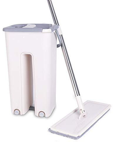 Wischmopp Set mit Eimer,Bodenwischer Set mit 10 Mikrofaser Pads und Langem Edelstahl Griff,Wischmopp mit Auswringfunktion für Marmorboden/Fliesen/Laminat