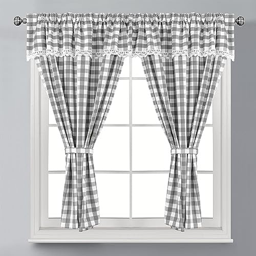 Householdfurnishing Embroidered Kitchen Window Pair Curtains Set Rod Pocket with Attached Valance & Tiebacks (W 48 x L 54 Inch, Silver/White)
