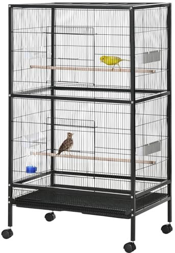PawHut Jaula para Pájaros Pajarera con 4 Ruedas 4 Puertas 4 Comederos 2 Perchas Bandeja y Bebedero para Loros Canarios Periquitos 79x52x137 cm Negro