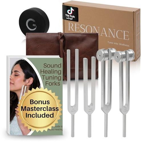 Resonance Tuning Fork for Healing Set – 128Hz, 136.1Hz, 256Hz, 384Hz for Stress & Sleep, Chakra Balance, Mental Focus, Relaxation | Activator + Pouch | Weighted & Unweighted