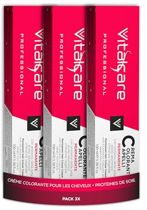 Vitalcare | Professional professionell permanent färg, hårfärgningskräm, hårfärgning med silkeprotein, nr 4/3, gyllenbrun, flerpack 3 st x 100 ml