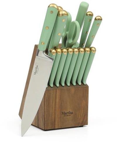Martha Stewart 16 Piece Lockton High Carbon Stainless Steel Cutlery Kitchen Knife Block Set W/ABS Tripe Riveted Forged Handle Acacia Wood Block - Sage Green W/Gold