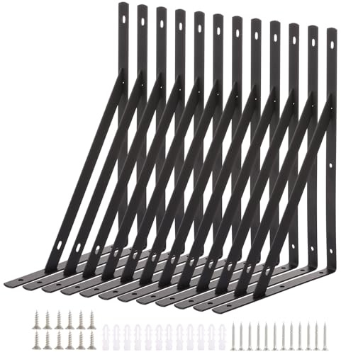 MEIDIV Set of 12 Black Shelf Brackets Heavy Duty 300mm, 12in Triangle Shelving Brackets, Steel Shelf Bracket, Right Angle Wall Bracket for Shelves, Scaffold Board Floating Shelf Support